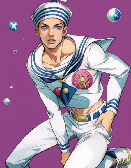 <lora:add_detail:0.87> solo, masterpiece, best quality, 1boy, 19 years old, gappyjojo, full body, hat, looking at viewer, solo, detailed background, detailed face, sailor, bright lighting, male focus, bubbles, belt, pants, anime, araki hirohiko (style), running, sneakers, shoes,
 <lora:gappy:1>