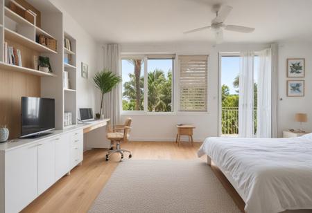 Bedroom, beach house, outside sea, beach, palmtree outside window, blow fan, summertime, sun shining through window, iMac, desk, keyboard and mouse, modern shelves, white cupboard, timber floor, TV, cup of coffee, sandals, lamp, carpet, wooden walls, detailxl