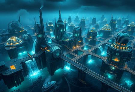hydropunk cityscape, vast oceanic environment, floating cities powered by water energy, large water turbines, waterwheels turning on massive structures, advanced water purification systems, flowing water integrated into architecture, high-tech aqueducts, translucent glass structures reflecting water, glowing bioluminescent algae lighting the streets, dark blue and turquoise hues, mist and spray from water features, waterfalls cascading from buildings, underwater sections of the city visible through glass domes, marine creatures swimming nearby, futuristic boats and submarines, clean and sleek aquatic designs, mechanical bridges lifting over water channels, high resolution, ((masterpiece)), hydro-powered transport systems, smooth metallic surfaces reflecting water, floating islands connected by intricate pathways, glistening waves below the city