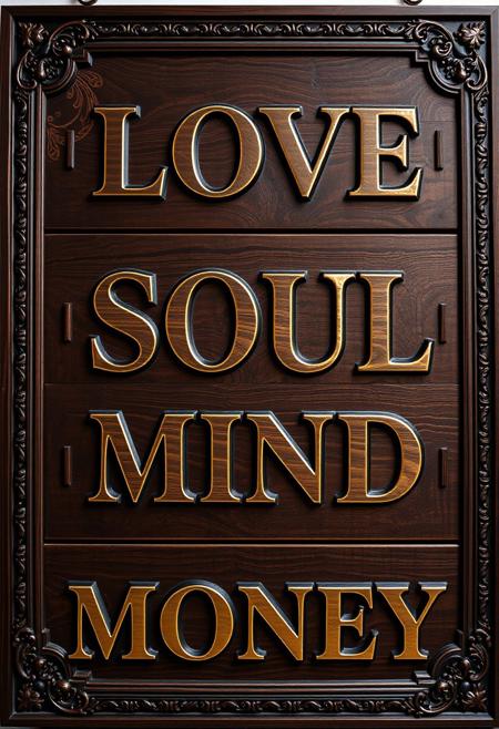 A striking, oversized wooden sign, expertly carved with luxurious, avant-garde Italian flair. The wood is a rich, polished dark walnut, reminiscent of high-end Tuscan craftsmanship, with intricate patterns along the edges—sleek, modernized swirls and bold Romanesque accents fused with cutting-edge design. Stylized engravings of olive branches, grapevines, and chic geometric motifs give it a high-fashion edge. The texture is a blend of perfectly aged wood, polished to perfection, with subtle cracks and hand-carved details that scream timeless luxury. Gold accents peek through the grain, adding an opulent touch to the overall design.
Each letter is a statement—bold, hand-carved in a high-fashion script, sharp and elegant like something off a Milan runway. The four lines read: ‘LOVE,’ ‘SOUL,’ ‘MIND,’ and ‘MONEY.’ Each word carries a sense of exclusivity, with glamorous flourishes and stylish curves that blend Italian sophistication with cutting-edge modernity. The letters shimmer subtly, as if brushed with gold leaf, making the words pop with a bold, magnetic allure. This is more than a sign—it’s a fusion of ancient artistry and contemporary Italian fashion, perfect for a high-end boutique or an exclusive space where luxury meets timeless style.