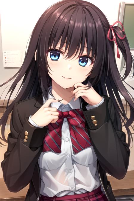 Minami Mai long hair,black hair,one side up,hair ribbon,red ribbon,sidelocks,bangs,blue eyes black jacket,wing collar,red bowtie,collared shirt,white shirt,taut shirt,medium breasts,long sleeves,pleated skirt,plaid skirt,lace skirt,black socks,loafers