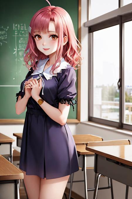 (masterpiece, best quality:1.2), <lyco:school-live_sakura-12:1.0>, cowboy shot, solo, 1girl, sakura megumi, smile, looking at viewer, own hands together, ahoge, hairclip, purple dress, short sleeves, jewelry, cross necklace, classroom