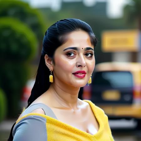 depth of field, grey shirt, realistic, blurry background, wet, outdoors, lamp, lipstick, shadow, yellow shirt, stud earrings, cleavage, forehead mark, off-shoulder sweater, earrings, long hair, facial mark