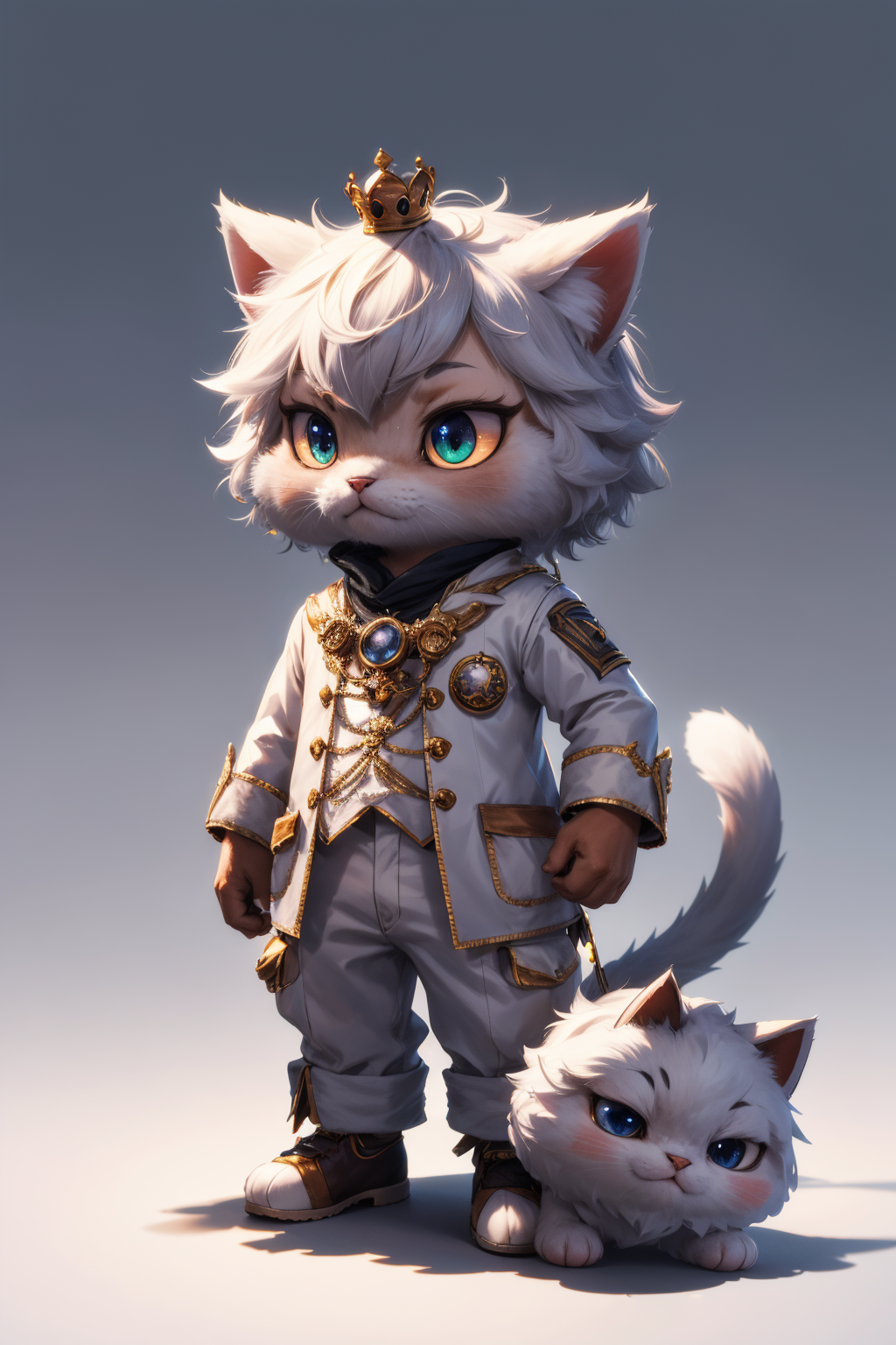 a 3d render of a game character, a cute small (anthropomorphic) cat, chibi character, fluffy, crown, male, short, white, c...