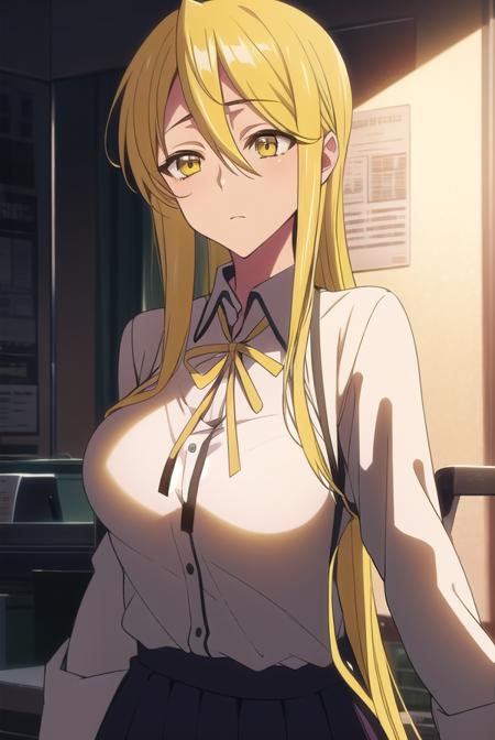 shizukamarikawa, <lora:shizukamarikawatest:1>,
shizuka marikawa, long hair, blonde hair, very long hair, low-tied long hair, (yellow eyes:1.5), hair between eyes,
BREAK skirt, shirt, long sleeves, ribbon, white shirt,
BREAK looking at viewer,
BREAK indoors, classroom,
BREAK <lora:GoodHands-vanilla:1>, (masterpiece:1.2), best quality, high resolution, unity 8k wallpaper, (illustration:0.8), (beautiful detailed eyes:1.6), extremely detailed face, perfect lighting, extremely detailed CG, (perfect hands, perfect anatomy),