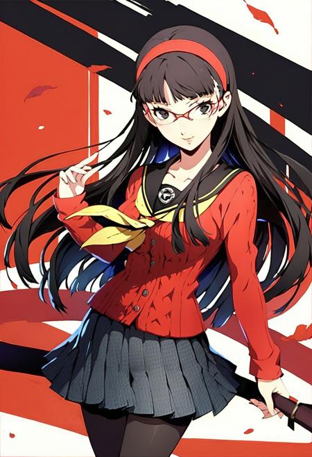 Amagi Yukiko, 1girl, solo, long hair, skirt, black hair, bangs, red cardigan, school uniform, hairband, serafuku, yellow neckerchief, black eyes, glasses, red frame eyewear, black pantyhose