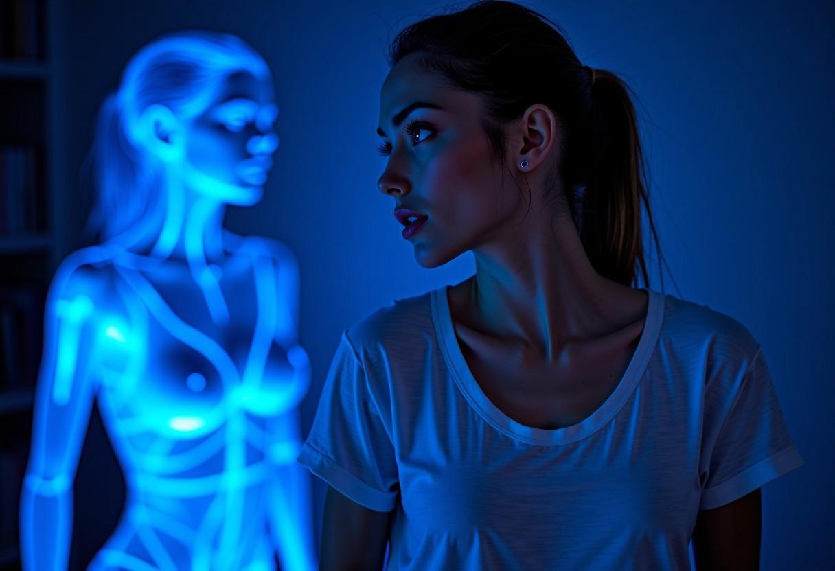 Artistic Photoshoped picture, of a woman in orgasmic extasy, standing in a dark room lit by blue LED lights. The women is dressed in white see through t-shirt with her nipples visible   and has expression of extasy on her face. Behind the woman, there is a blue holographic, semitransparent representation of herself, a bit bigger then she is. mythp0rt