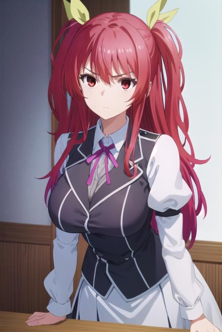 stellavermillion, <lora:stella vermillion s1-lora-nochekaiser:1>,
stella vermillion, long hair, (red eyes:1.3), ribbon, twintails, hair ribbon, red hair, angry, frown,
BREAK skirt, long sleeves, school uniform, juliet sleeves, blazer, black blazer, ribbon, red ribbon, choker, white sleeves, sleeveless blazer, (puffy sleeves:1.2),
BREAK indoors, classroom,
BREAK looking at viewer, (cowboy shot:1.5),
BREAK <lyco:GoodHands-beta2:1>, (masterpiece:1.2), best quality, high resolution, unity 8k wallpaper, (illustration:0.8), (beautiful detailed eyes:1.6), extremely detailed face, perfect lighting, extremely detailed CG, (perfect hands, perfect anatomy),