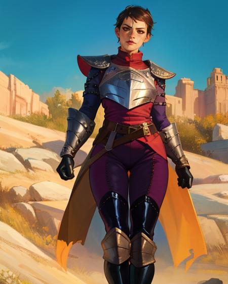 Cassandra,brown eyes,freckles,scar on face, very short black hair ,makeup, solo,serious expression, mouth closed, 
CasAr,brown gauntlets,breastplate,belt,armored boots, red shirt with purple sleeves, stitched purple pants,
near a training dummy, outside, morning, 
(insanely detailed, beautiful detailed face, masterpiece, best quality)    <lora:Cassandra:0.7>