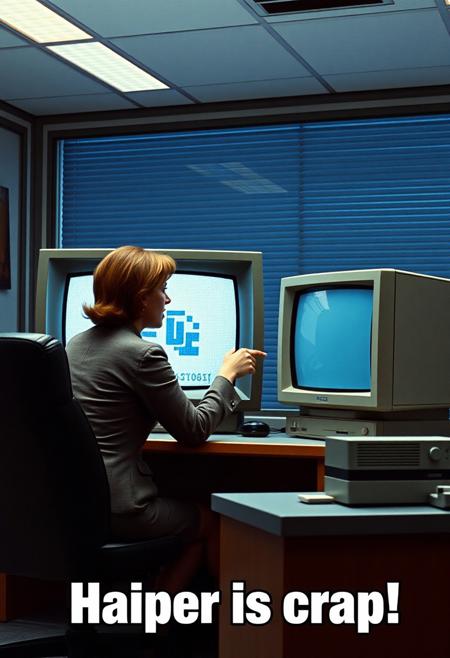 Scene from a 1985 movie scene inside an office building.  An angry boss lady sits on a desk next to a large CRT tv, both facing the viewer. On the screen of the CRT we can see a digital vector render of poor quality. The lady is pointing to the TV with one hand and subtitles text read "Haiper is crap!" In a blocky font. The visual style is similar to that of the robocop movie.