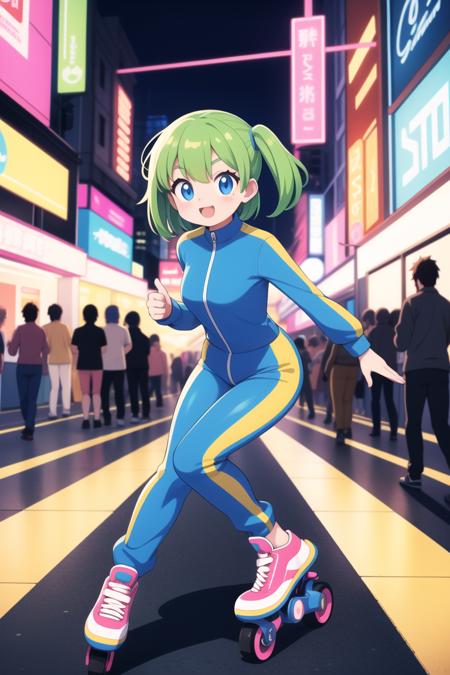 masterpiece, best quality, ultra detailed, anime style, Amidst a bustling 1980s metropolis, a cute rollerblading enthusiast dons a vibrant jumpsuit with neon geometric patterns. The retro-inspired outfit reflects the vibrant energy of the era, capturing the spirit of urban nightlife and roller disco