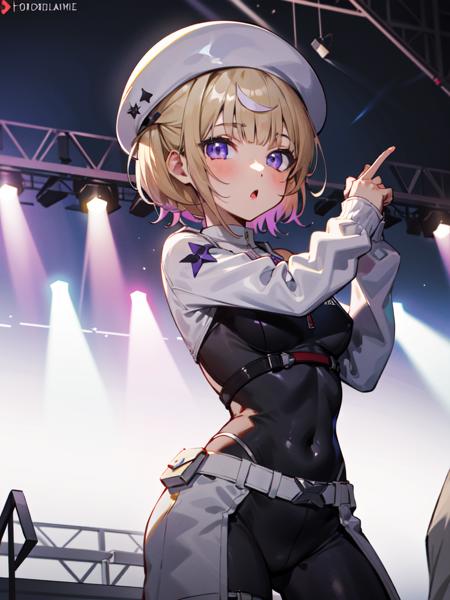 todoroki_hajime, hololive, 1girl, solo,
blonde_hair, medium_hair, purple_eyes, beret, 
cute, 
looking_at_viewer, :o, 
bodysuit, 
stage, stage_lights, stage_curtains,