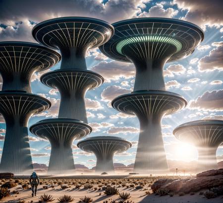 "A colossal futuristic research facility rising from a crystalline desert under a twilight sky, designed with intricate sci-fi architecture featuring illuminated corridors, layered metallic towers, holographic energy fields, massive observation windows, and bioengineered gardens integrated into the structure. The scene is alive with faint mist, scattered light reflections, and dynamic shadows. Emphasize hyper-realistic textures: brushed steel, frosted glass, organic flora merging with machine elements, all lit by surreal ambient lighting. Cinematic perspective, ultra-detailed environment, extreme realism, majestic atmosphere, immersive depth."