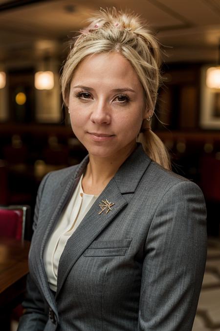 business suit, in a restaurant,  <lora:Sarah_Jane_Honeywell:1> masterpiece,best quality, detailed face, 1girl, solo, sj1873h, blonde_hair, pig tail
