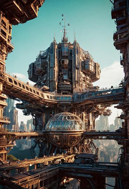 Visualize a futuristic space station, symbolizing online community in the style of incorporate elements that evoke a sense of building with a large spaceship complex, elegant, expansive, fantastical, film photography style, heavy grain