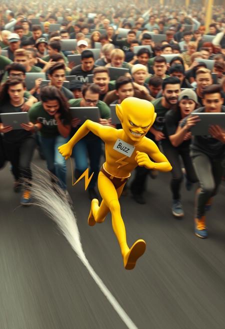 "Golden yellow thunderbolt, its body shaped like a stylized lightning bolt, sprints away from a frenzied mob of people. The thunderbolt, wearing a name tag that reads "Buzz", runs with a determined expression, its legs and arms blurred as it gains speed. Behind, a horde of pursuers, clad in "Civitan" shirts and carrying open laptops, gives chase, their faces set in a fierce determination to catch the elusive thunderbolt. The scene is one of dynamic energy, with the thunderbolt's bright yellow color standing out against the chaotic, muted tones of the pursuers. Style: fast-paced, action-packed, and humorous, with a focus on capturing the excitement and tension of the chase."