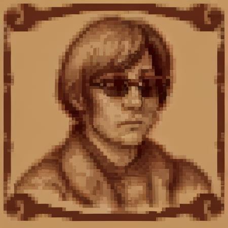 <lora:SNES Lord of the Rings Portraits - V1-000010:.5> snes_lotr_portrait, sepia tone, parchment_border, pixels, portrait,  <lora:jc_denton-20:0.5> jcddx_soul3142, 1boy, solo, sunglasses, black hair, trench coat, standing