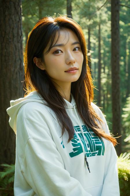 (HD, masterpiece, best quality, hyper detailed, ultra detailed, super realistic),On a serene mountain trail, an Asian woman with long, wavy brown hair stands confidently amid towering pine trees. Clad in a casual white hoodie with eye-catching red text and cool yellow pants, she radiates relaxed energy. A bracelet sparkles on her left wrist as she gathers a small collection of smooth rocks in her left hand, showcasing her love for nature. The natural soft light of the late afternoon sun filters through the trees, casting a gentle glow on her figure. The camera angle is slightly low, allowing viewers to appreciate the majesty of the trees surrounding her, which provide a beautifully blurred backdrop. The composition adheres to the rule of thirds, with her positioned off-center, creating an image rich with tranquility and natural beauty., green eyes, blue eyes, brown eyes, perfecteyes, jpn-girl, Movie Still, Film Still, Cinematic, Cinematic Shot, Cinematic Lighting, SDXL Hands XL + SD 1.5 + FLUX.1-dev<lora:SDXL PerfectEyesXL.safetensors:0.5:0.5> <lora:SDXL japanese_girl_v1.1.safetensors:0.7000000000000001:0.7000000000000001> <lora:SDXL Juggernaut Cinematic XL LoRA.safetensors:0.7000000000000001:0.7000000000000001> <lora:SDXL Hands XL + SD 1.5 + FLUX.1-dev.safetensors:0.7000000000000001:0.7000000000000001>