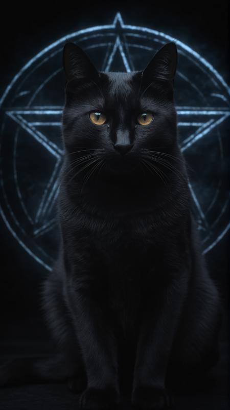 (ultra realistic, 32k, masterpiece:1.2), (high detailed:1.1), (high quality:1.1), Black Cat, Misty Glowing Dark Background, Glowing Pentagram Background