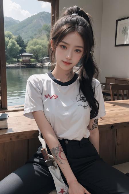 1girl wearing black taekwondo uniform, serious face, spread legs, (arm tattoo), black clothes, black pants, (hand holding samurai swords), ponytail, lovely face, holding a stick, japanese clothes, sweat, sakuragi_mano, open_mouth, bar_censor, blush, long_hair, looking_at_viewer, brown_eyes, smile, realistic:1.4, bokeh, (Cinematic lighting), soft lighting, lake background, bandages,