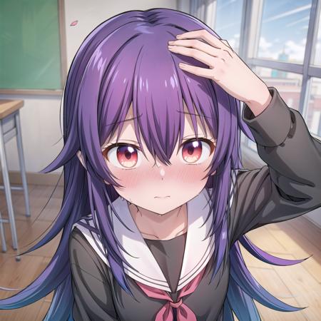 long hair,purple hair,blush,school uniform,bangs,serafuku,sailor collar,white sailor collar,red eyes,blue hair,multicolored hair,shirt,hair between eyes,gradient hair,long sleeves,black shirt,ribbon,skirt