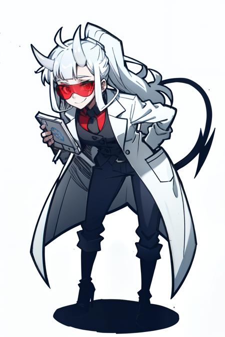 <lora:loremaster:1>loremaster(helltaker), black footwear, knee boots, standing, black pants, full body, white hair, long sleeves, long hair, simple background, demon tail, tinted eyewear, white background, black necktie, red shirt, necktie, looking at viewer, closed mouth,  red eyes, horns, white horns, demon girl, goggles, smile, holding, coat, demon horns, white coat, leaning forward, pants, shirt, 1girl, collared shirt, labcoat, solo, ponytail, open clothes, tail, open coat, boots