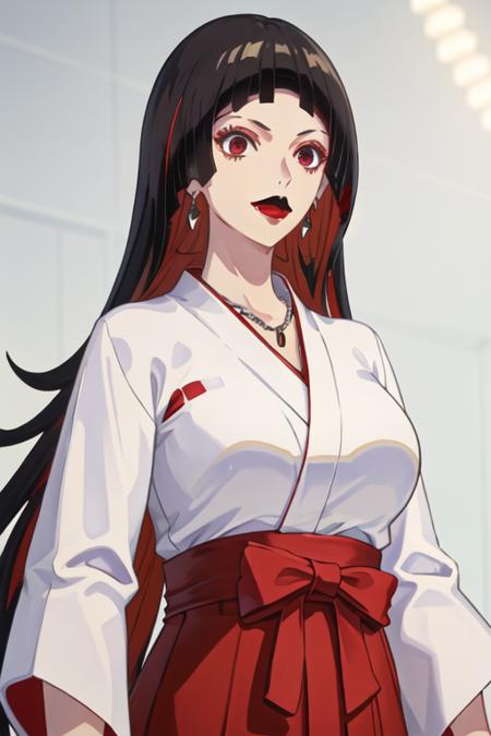 best quality, masterpiece, highres, solo, {white kimono:1.35}, {red hakama:1.35}, {wide sleeves:1.20}, {vipere_birdiewinggolfgirlsstory:1.15}, black_hair, jewelry, makeup, red_eyes, open_mouth, long_hair, lipstick, necklace, bangs, earrings, blunt_bangs, multicolored_hair, breasts