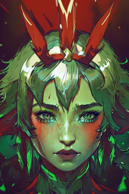 portrait of josierz, crying, dramatic lighting, spread make-up, illustration by Greg rutkowski, green mist, ruinedlol, dark, highly detailed face, headband red ,yoji shinkawa, 4k, digital art, concept art, trending on artstation