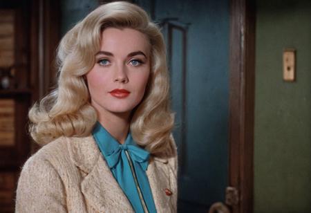1940s vintage retro, Emmylou Brown DCU, blonde hair, blue-eyed, perfect photo, highly detailed, best quality, fine details, coherent face, full body shot, standing, technicolor film still screencap, kodachrome photograph