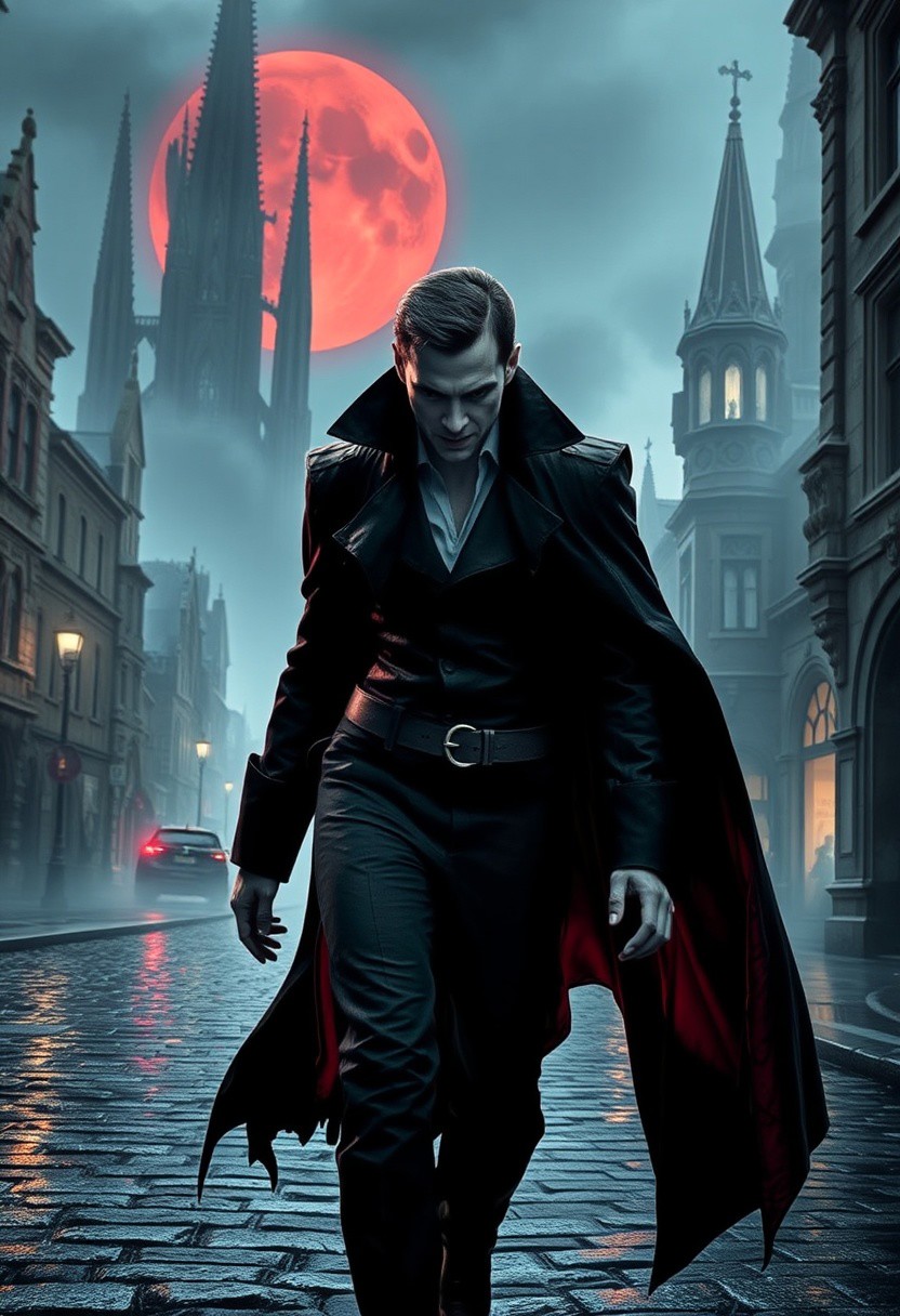 vampire, tattered high-collared coat, stalking, blood-red moon, pale skin, sharp fangs, Gothic city, cobblestone streets, slick with rain, fluttering cape, mist, looming Gothic architecture, spires, gargoyles, shadows, eerie glow, silent predatory intent, fog, tension, mystery, dark atmosphere