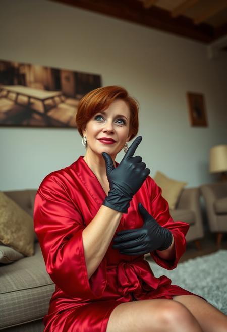 (a pretty mature woman looking down at the observant and fitting a latex glove), milf, pretty mature face, dynamic pose, posing, full body shot, redhead, pretty eyes, silk red robe, fur slides, aged 40, alone, fit, athletic, looking at viewer, adjusting clothes, adjusting gloves, latex gloves, sitting in a living room, condescending smile, solo, from below, low angle, score_9, score_8_up, score_8