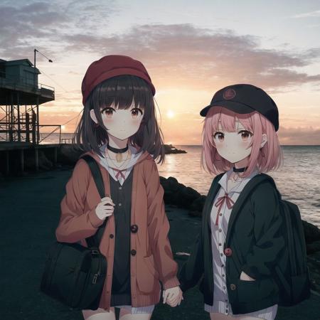 <lora:anime_irl:1>, anime_irl,  a man standing under a pier at night with the sun in the background and the ocean in the foreground, 2girls, asymmetrical bangs, backpack, bag, bangs, black choker, black hair, black jacket, blush, bob cut, brown backpack, brown hair, buttons, cardigan, choker, collared dress, dress, earrings, gen 4 pokemon, green headwear, grey cardigan, hair ribbon, hat, highres, holding hands, hooded cardigan, jacket, jewelry, long sleeves, multiple girls, open clothes, pink dress, red ribbon, ribbon, short hair, tam o' shanter, yasu \(842chooo\)