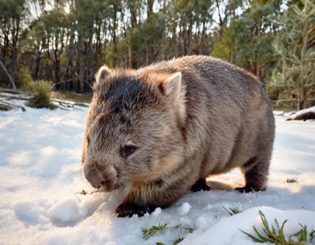 (raw photo) a wombat walking, (facing left), young, snow, snowing, sunny