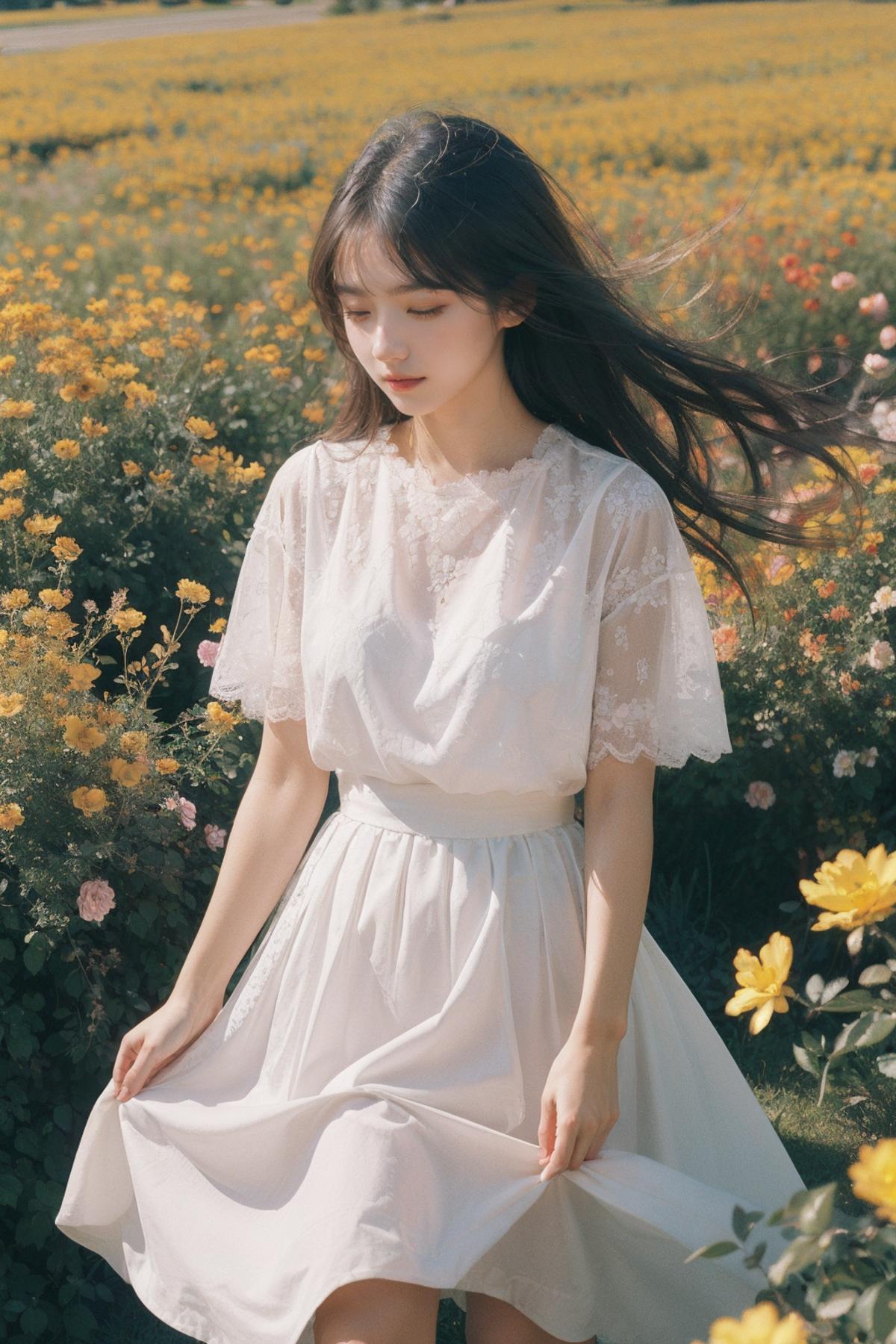 A woman in a white dress stands in a field of flowers.