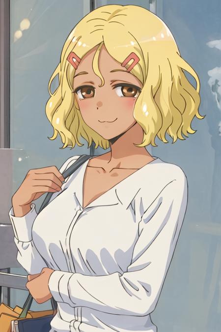 best quality, masterpiece, highres, solo, {sakura_donttoywithmemissnagatoro:1.15}, blonde_hair, hair_ornament, hairclip, short_hair, brown_eyes, smile, dark_skin, closed_mouth, 1girl, looking_at_viewer, shirt, upper_body, white_shirt, :3, collarbone