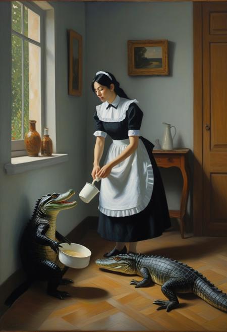 a woman wearing maid costume is pouring milk to alligator's mouth , black hair, long shot, full body, dim light, directional lighting, sunlight from small window, 
deep shadows enhancing mysterious atmosphere,  dim light, (oil painting:1.5), (by Claude Monet :0.9), (by Paul Cezanne:0.7), (by Paul Gauguin:0.7), directional lighting, masterpiece, perfect composition, abstract glitch, long shot, looking away, masterpiece,best quality,very aesthetic, absurdres,
