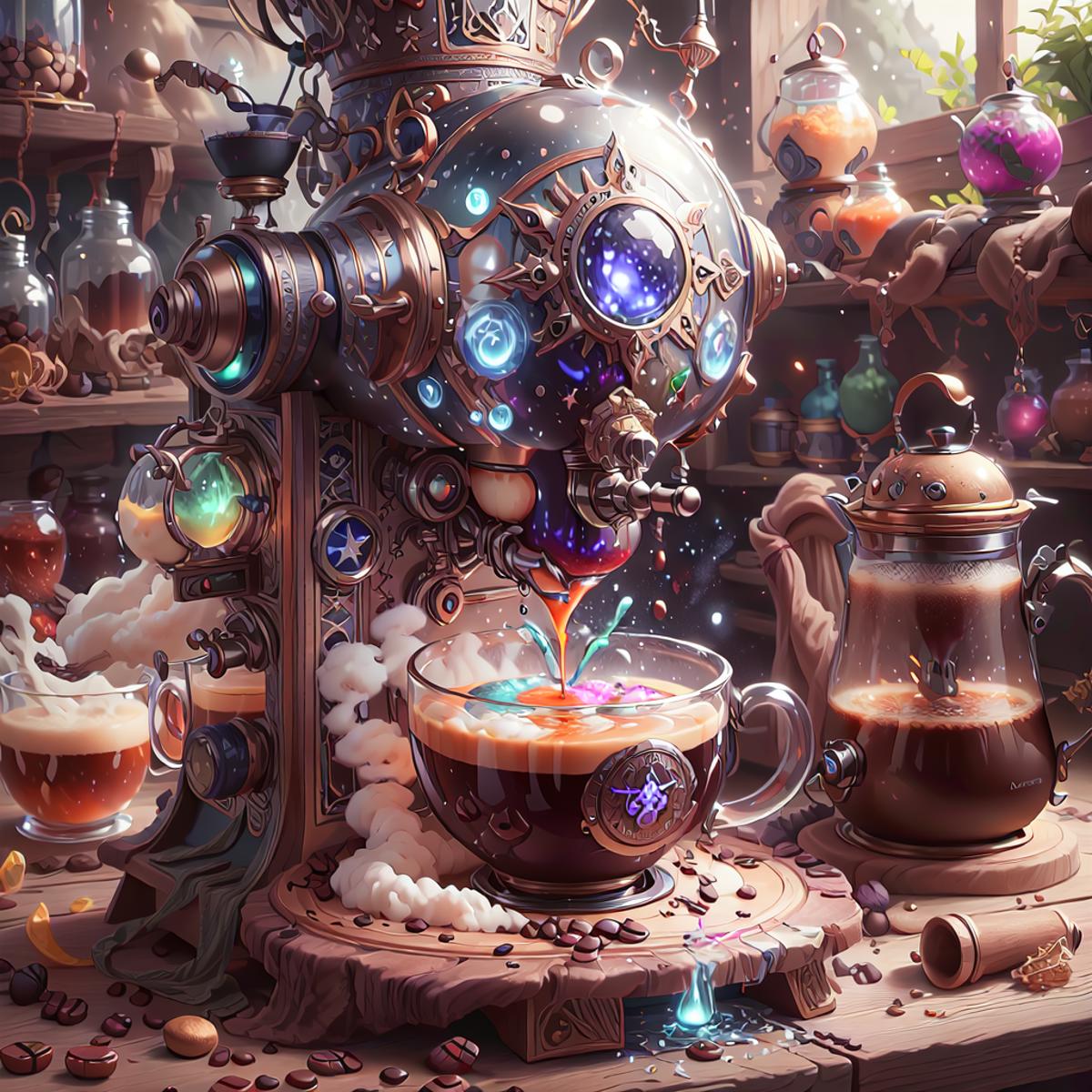 Fantasy Steampunk-Inspired Coffee Maker with Alchemical Elements and Potions, with a Cup of Coffee.