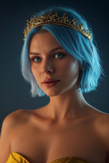 (by Don Bluth:1.3) , photograph, gorgeous Scandinavian (Woman of Beauty:1.9) , light blue hair,  wearing Apocalyptic Lovely Tiara from the 1300's, the Woman has a Eclectic Goggles, Slow Shutter Speed, Canon eos 5d mark 4, 80mm, sensual, symmetry, female, glow, sexy, nswf <lora:picxer_bside:3>, 50C gorgeous rounded breast, (cinematic look:1.3), soothing tones, insane details, hyperdetailed, low contrast, soft cinematic light, dim colors, exposure blend, hdr, faded, royal atmosphere