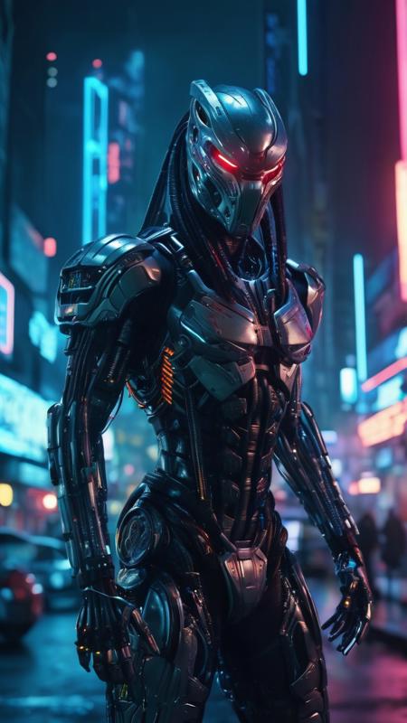 biomechanical style,  portrait of a cyborg predator in a futuristic town at night,cinematic shoot,blade runner atmosphere, blend of organic and mechanical elements, futuristic, cybernetic, detailed, intricate