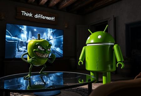 "In a dimly lit, decaying Italian apartment, a cartoonish green apple with exaggerated, glaring eyes and twisted limbs faces off against the iconic Android logo robot. The apple, perched on a cracked glass coffee table, sports a menacing grin and clenched, vine-like fists. Opposite it, the Android robot, its green metallic surface tarnished and scratched, stands in a defensive stance with malfunctioning, twitching antennae and a glare from its flickering eyes.
The massive OLED TV on the wall displays a vivid Apple computer commercial, casting a cold, flickering light that illuminates the tense standoff. Shadows from the TV’s bright visuals stretch and distort across the room, adding a dramatic effect to the confrontation.
Above the TV, a warped cardboard sign reading 'Think Different!' , its flickering LEDs casting eerie, shifting shadows on the peeling stucco walls. The room, once elegant with exposed brick and wooden beams, now feels oppressive and claustrophobic, filled with the scent of mildew. The green apple’s glossy skin and the Android’s rusty body gleam under the unsettling light, emphasizing their contrasting forms and the bizarre, hostile encounter in this decrepit, tech-infused setting."