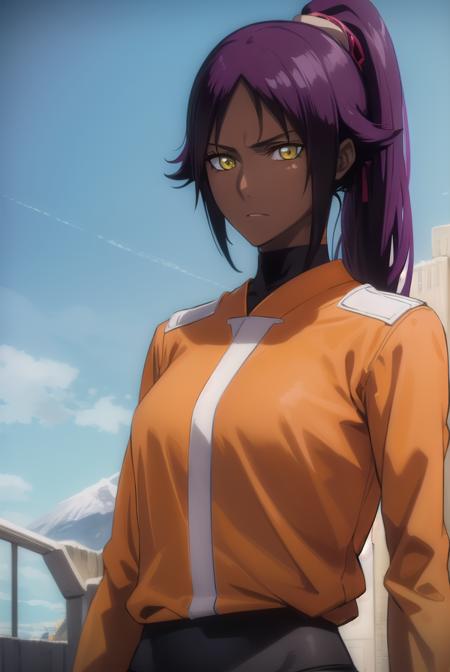 yoruichishihouin, <lyco:yoruichishihouin-lyco-nochekaiser:1>,
yoruichi shihouin, long hair, (yellow eyes:1.5), ponytail, purple hair, dark skin, (dark-skinned female:1.5),
BREAK bodysuit, black bodysuit, bodysuit under clothes, (orange shirt:1.5), long sleeves,
BREAK outdoors,
BREAK looking at viewer, (cowboy shot:1.5),
BREAK <lyco:GoodHands-beta2:1>, (masterpiece:1.2), best quality, high resolution, unity 8k wallpaper, (illustration:0.8), (beautiful detailed eyes:1.6), extremely detailed face, perfect lighting, extremely detailed CG, (perfect hands, perfect anatomy),