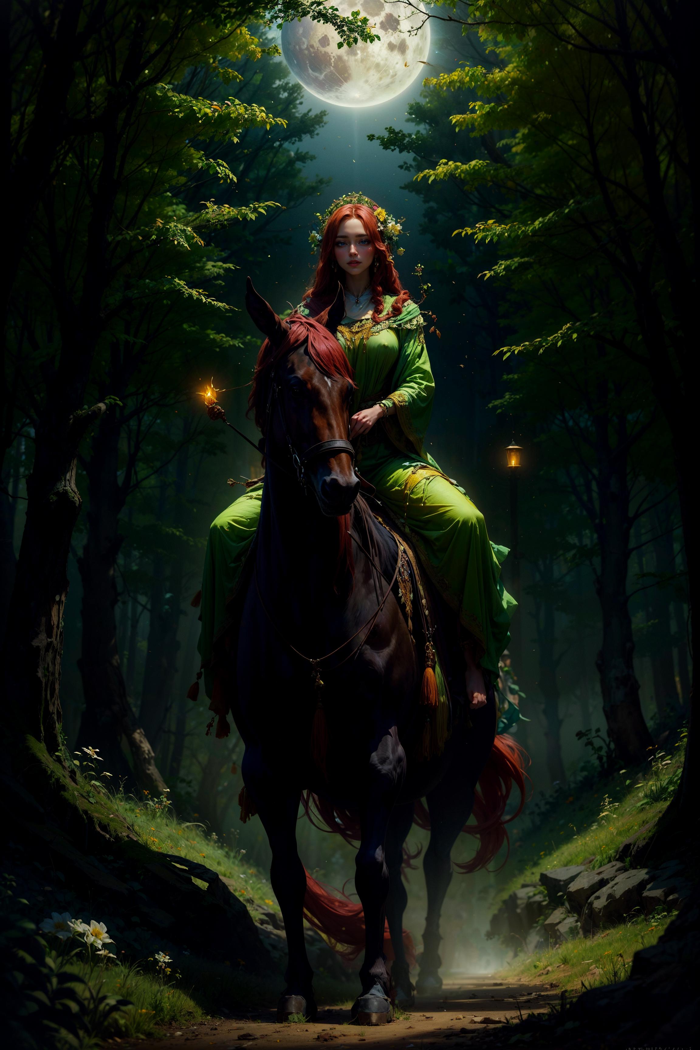A woman in green riding a horse through a forest.