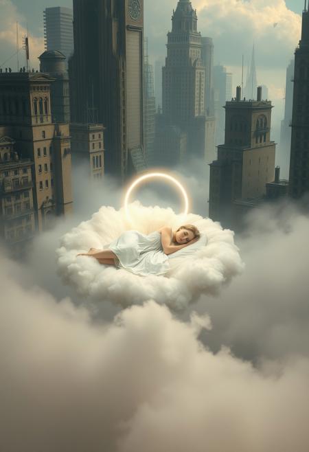 Create a surreal, dreamlike scene of a city that has been abandoned and reclaimed by nature. In the center of the image, a lone figure lies sleeping on a bed of soft, white clouds, surrounded by a halo of soft, pulsing light. The figure is dressed in a flowing, white gown, and their face is serene and peaceful. The city is made up of fragments of memories and emotions, and the mist is filled with the whispers of forgotten thoughts and desires. The figure is the embodiment of the city's collective unconscious, and the city is dreaming. Style: surreal, dreamlike, mystical. Colors: soft, pastel, glowing. Highest-Quality, 4k, Masterpiece