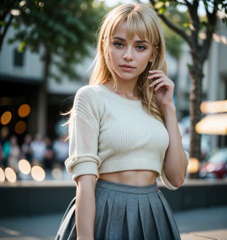 cinematic film still 1girl,   Close-up, (beautiful girl, make up), (Age 25), (happy, light blonde hair,  parted bangs, London, England, dusk:1.2), HD, lens flare, cable knit sweater, pleated skirt, and loafers, looking at viewer, (RAW Photo, cg unity, photography, ultra realistic details, sharp focus, detailed skin,4k, high-res, masterpiece, best quality:1.1), (realistic, photo-realistic:1.37) (8k,4k, UHD, high resolution, professional, cinematic, movie, dramatic, noise), (detailed background:1.25), bokeh anamorphic depth of field blur background . shallow depth of field, vignette, highly detailed, high budget, bokeh, cinemascope, moody, epic, gorgeous, film grain, grainy