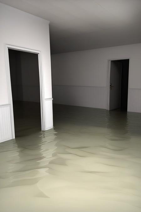 liminal space, no humans, door, scenery, water, indoors, dark, reflection, a flooded room with a door leading into the room