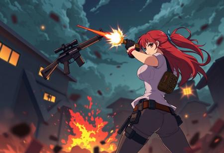anime style, perfect definition, good resolution, a beautiful redhead busty woman jumping backwards shooting a big rifle in a fight