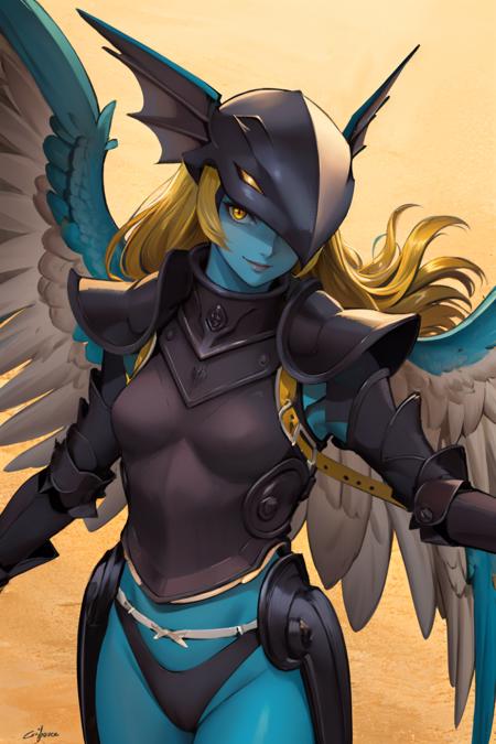 morrigansmt, wings, armor, helmet, blonde hair, long hair, (colored skin:1.2), yellow eyes