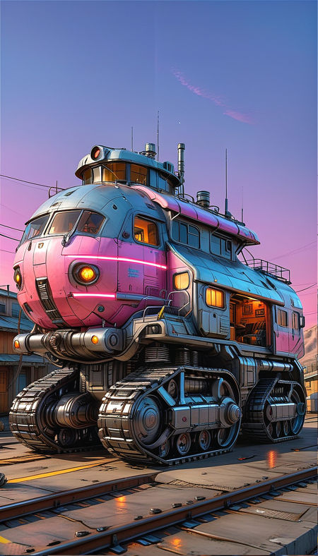 (cel-shading:2)+, (in ARTIST style:1.6), (masterpiece:1.7),  glow pink neon, hyperrealism, glossy, shinny, clear image, accurate picture, clear picture, precise image, focused image, Science fiction style, Science fiction, (cozy comfy ground vehicle, motor vehicle, vehicle focus, train, truck, scenery, military, Tracked Vehicle, Traction City, gray paint, (neon cyberpunk city background), mecha comic style),
comic style, (ultra sharp focus:2), (thin lines:2), (best quality:1.8),
(masterpiece:1.8), (highest detailed:1.8), perfectly lighted, (contrast), (saturated), (((sharp focus))),
(hyperdetailed:1.3), (intricate details:1.2), (Refined details:1.3), (best quality:1.5), highly detailed textures, vibrant colors,
(ultra sharp focus:1.8), (detailed texture:1.8), (detailed edges:1.8), (thin lines:1.8), (best quality:1.8),
<lora:Apparatus_-_Traction_City_Walkers_Vehicles:0.8>,