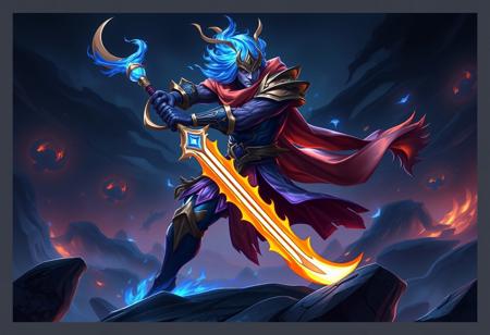 Create a high-quality, full-body image of a Blue Flame Swordsman set against a dark, evil arena background from the League of Legends universe, inspired by the style of WLOP. Incorporate a unique landscape and a predominantly orange and purple color scheme, with golden accents. Ensure the image is coherent, highly detailed, and lifelike, with a sharp focus and smooth artistic border. The character's knees and overall pose should be dynamic, conveying a sense of wrath and tactical prowess.
