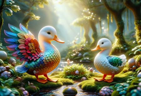 cute little Duck warrior standing confidently in a magical forest, the warrior is a small humanoid Duck with a round spotted cap and a cheerful expression, it is wearing tiny armor made of leaves and bark, with a small wooden shield, and a tiny glimmering sword, The Duck warrior has tiny delicate features and stands on a patch of moss, surrounded by glowing Ducks and plants, The background features tall ancient trees with thick twisting roots, ethereal light filtering through the canopy, whimsical and enchanting atmosphere.
((beautiful, painterly, detailed, textural, artistic, aesthetic)), (masterpiece, best quality), (((intricate details, highly detailed, ultra-detailed, absurdres:))), (unreal engine, octane rendering, high contrast, vivid, vibrant, volumetric lighting), 
studio lighting, best texture quality, beautiful detailed scenery, 
midjourneyv6.1, p1nk1r1sc4l3s, made out of iridescent scales